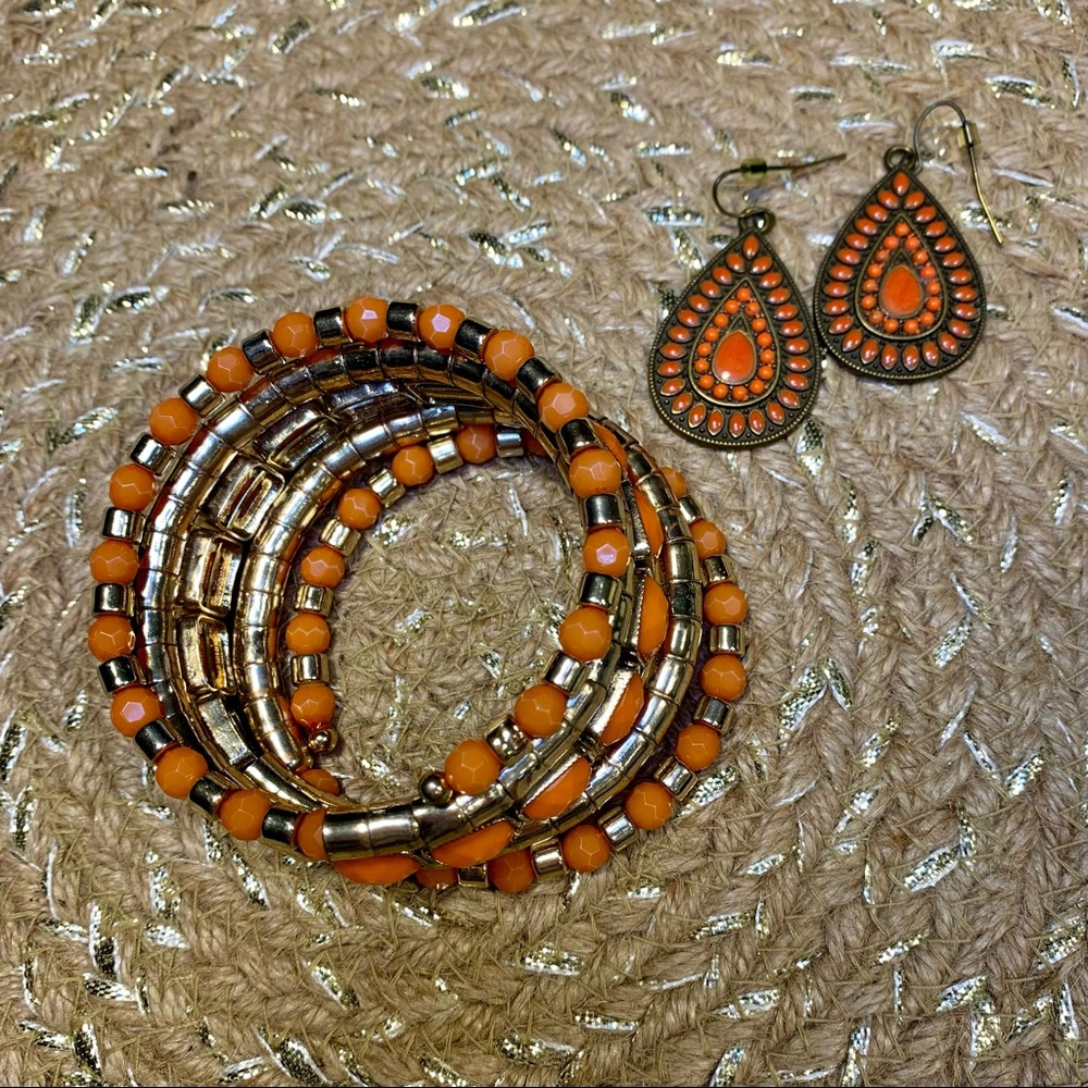 CLOSET SALE orange and gold wrap bracelet and earring set